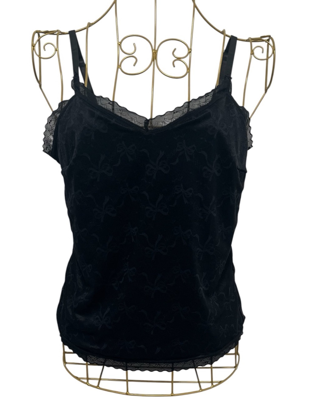 Jessica Simpson Black Lace Trim Camisole Top Bow Tie Embossed Size Small